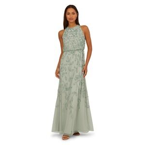 NWT Adrianna Papell Blouson Bead Long Dress Aqua Dust Floral Sequin Gown - 12